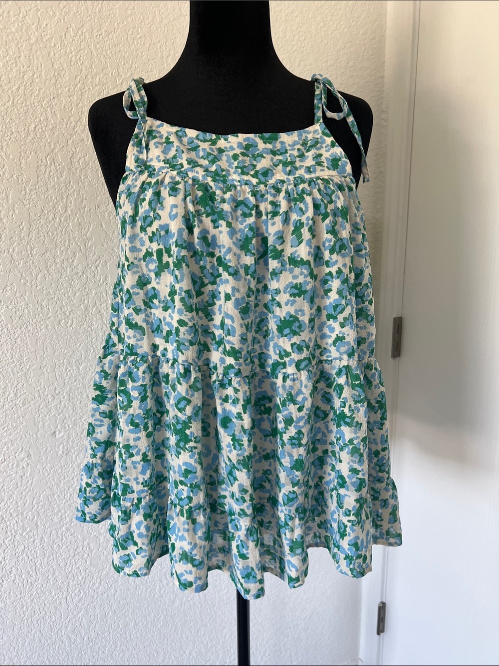 Entro Floral Tie-Shoulder Sundress Top in Green & Blue